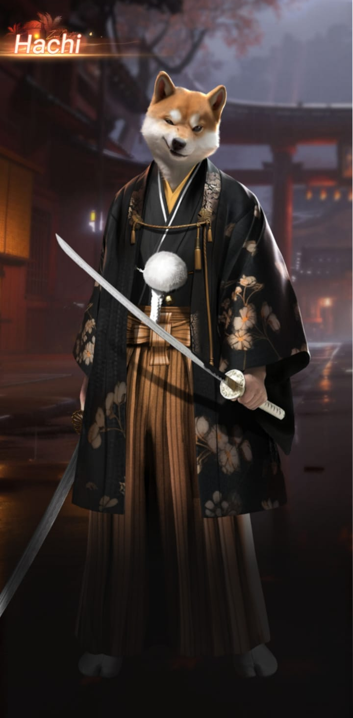 Dog with the face of a Shiba Inu, dressed as a traditional Japanese samurai, holding a katana sword in a historical Japanese setting.