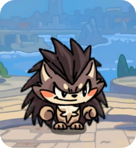 A cartoon character resembling a small wolf or fox with spiky dark fur, sitting on a stone surface with a cityscape and river in the background.