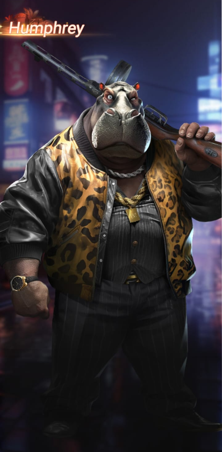 A cartoonish bulldog with a serious expression, dressed in a leopard print and black bomber jacket, striped pants, and accessories including a gold chain with a lock, a gold watch, and holding a rifle over its shoulder, against a neon-lit urban background at night.