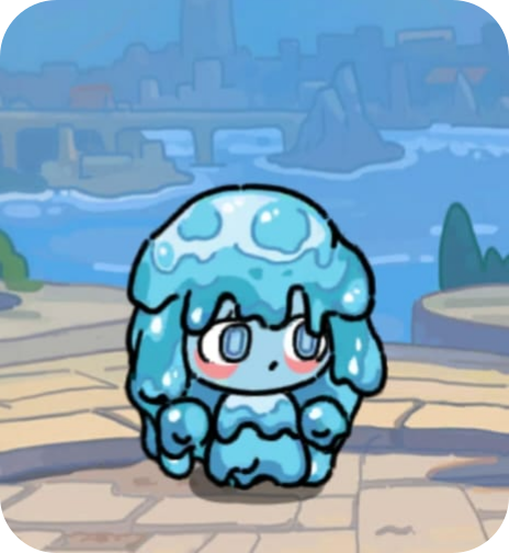 Cartoon character with icy blue hair and dress, in a city park with water and bridge in the background.