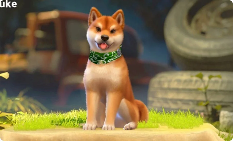 Animated dog character with a green bandana sitting on a grassy patch, with a background of tires and a blurred truck or vehicle.
