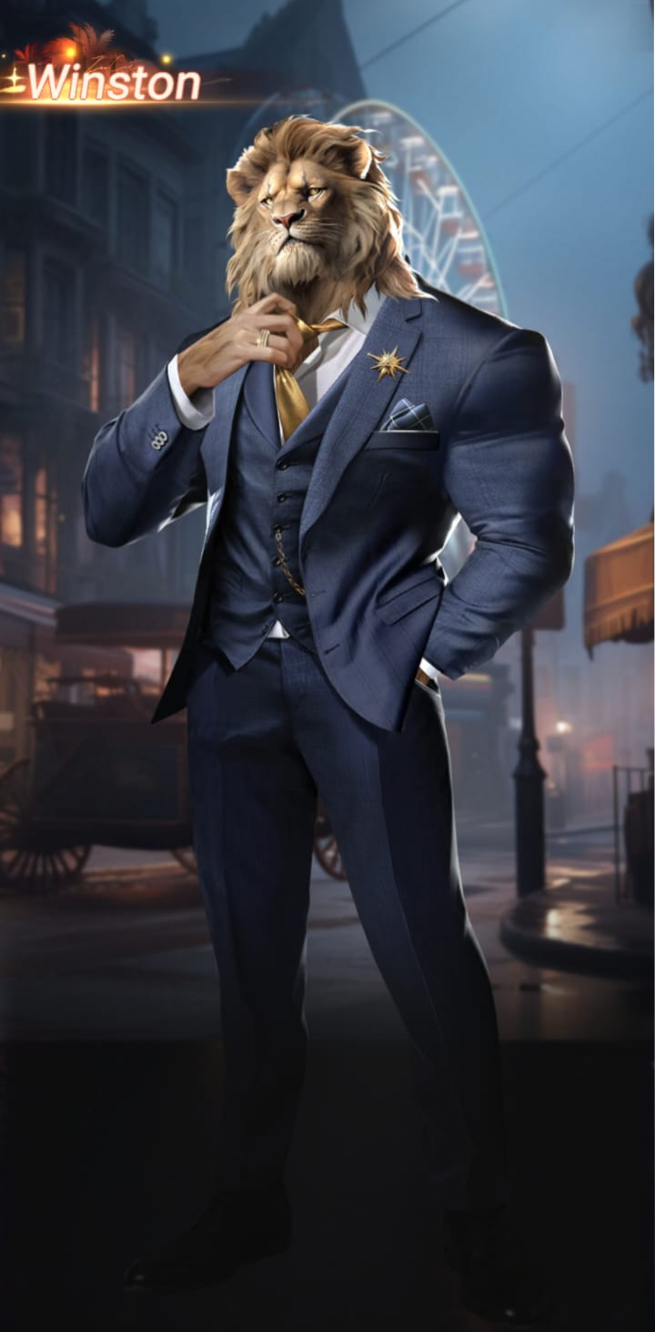 A humanoid figure with a lion's head dressed in a dark blue suit, standing in an urban setting with a Ferris wheel in the background, and the word 'Winston' in the top left corner.