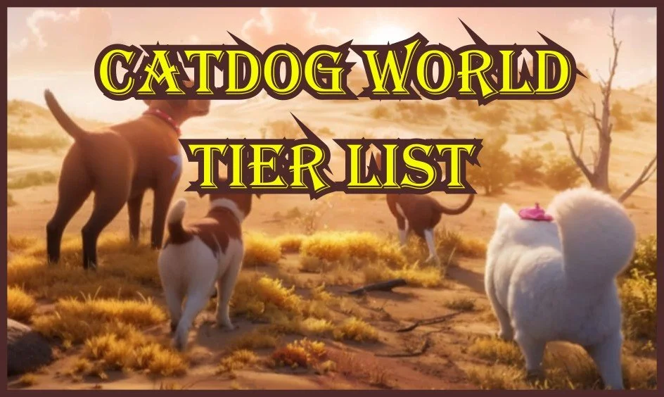 Animated desert scene featuring various dogs and a white fluffy animal, with the text 'CATDOG WORLD TIER LIST' in bold stylized yellow and black font.