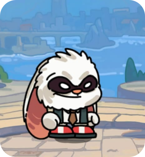 Cartoon of a small, white, furry character with glasses, wearing a suit with a tie, sitting on a cityscape background with water and bridges.