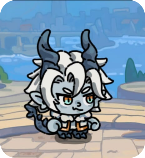 Cartoon character resembling a small dragon or wyvern with horns, white hair, and blue eyes, standing on a stone pathway in a fantasy outdoor setting.
