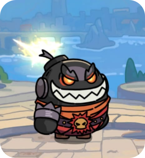 Cartoon villain with a mischievous grin, black armor, and an explosive device on his back in a colorful cityscape.