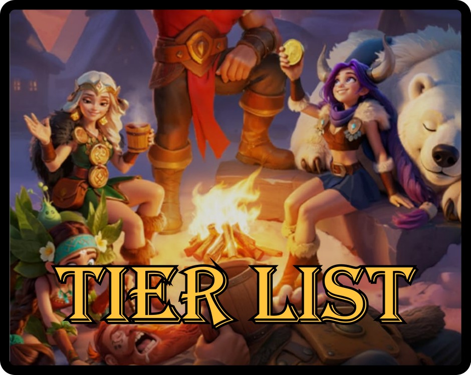 The image shows animated characters from the game Clash of Clans gathered around a campfire. There are two women dressed as Vikings and a smaller girl wearing a feathered headdress, along with a large white bear. The scene is set in a mountainous, nighttime landscape with a warm campfire in the center. The text "TIER LIST" is overlaid at the bottom of the image.