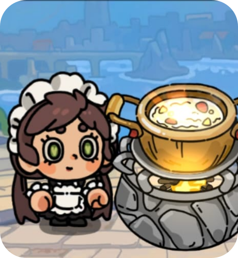 Anime-style girl dressed as a maid standing next to a large cooking pot over a fire with a city skyline in the background.