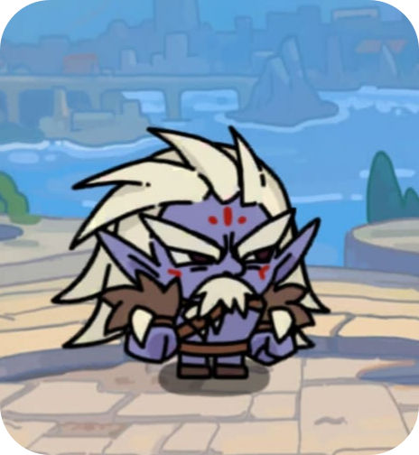 Cartoon character with spiky blond hair, purple skin, and pointed ears, standing on a stone bridge with a cityscape and river in the background.