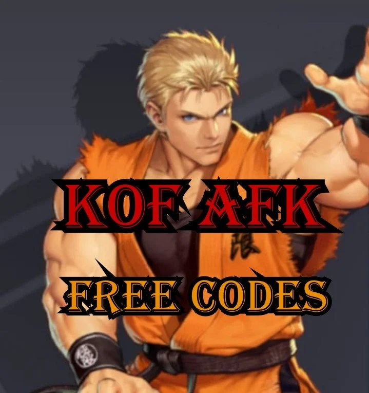 An animated martial artist in an orange gi with blonde hair, holding a staff, with text overlay reading "KOF AFK FREE CODES."