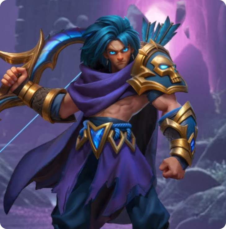 A fantasy male warrior with blue hair and glowing blue eyes, wearing purple and gold armor, holding a large sword in a mystical purple-lit landscape.