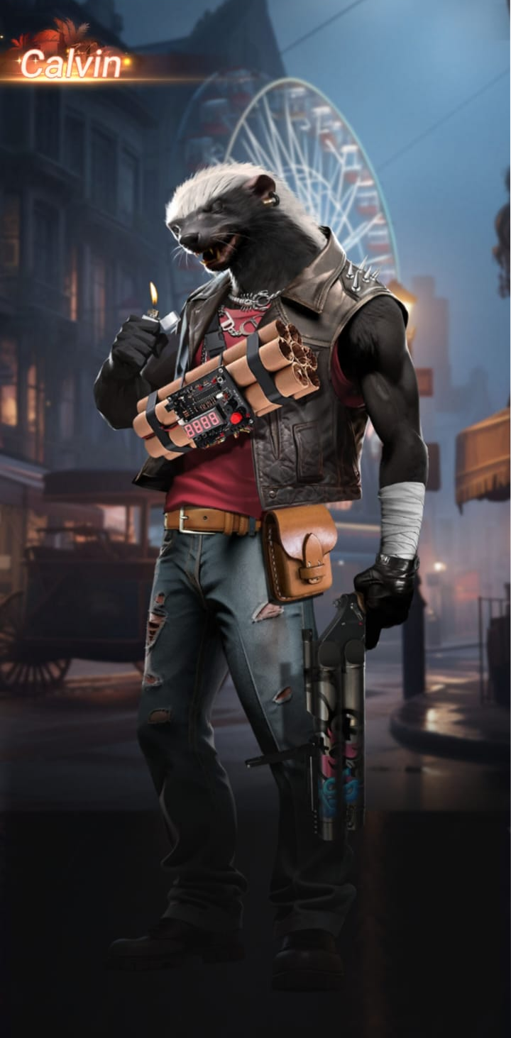 Anthropomorphic raccoon with a human body, dressed in a leather vest, jeans, and gloves, standing in an amusement park at night with a Ferris wheel in the background. The raccoon is holding a lit lighter, a bundle of dynamite, and a gun, with a digital timer attached to the dynamite.