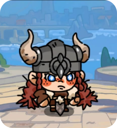Cartoon character with a Viking helmet, braided red hair, and armor, standing outdoors with a cityscape in the background.
