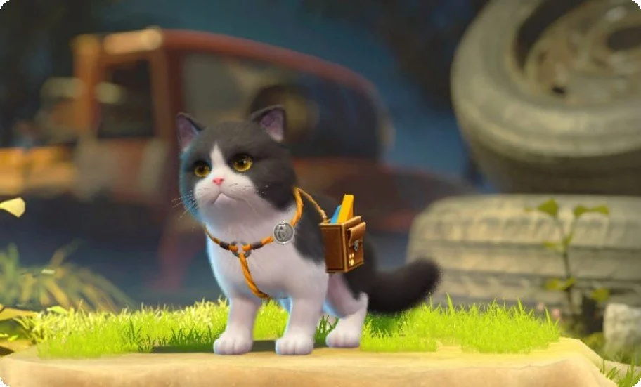 Animated cat with a collar and a backpack standing on a grassy surface with old tires and a blurred vehicle in the background.