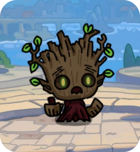 Cartoon character resembling a small, expressive tree with green leaves and glowing eyes, sitting on a stone surface.
