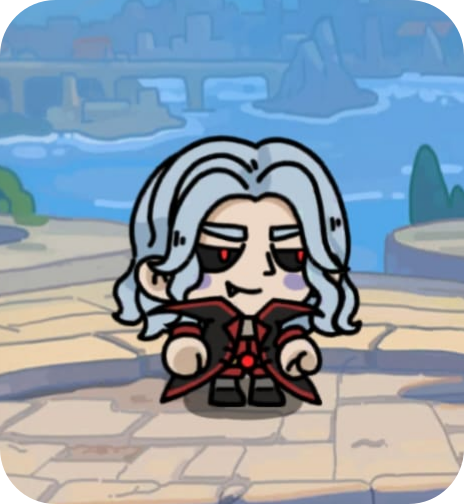 Chibi character with long gray hair and a dark red cape standing on a stone pathway with a blue sky and cityscape in the background.