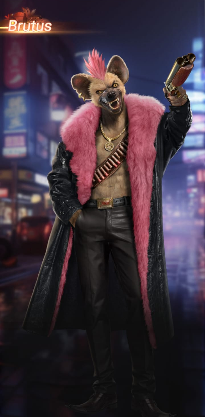 Anthropomorphic hyena character dressed in a pink fur-lined black coat, with a pink feathered accessory in its hair, wearing black pants, a large belt, gold jewelry, and holding a gun in a city at night.