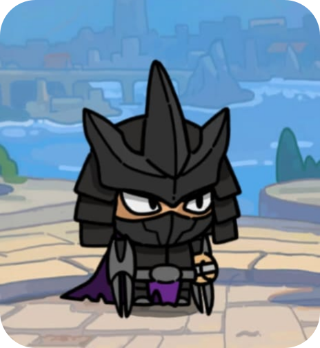 Cartoon ninja in black armor, mask, and purple cape, standing outdoors with a city skyline and water in the background.