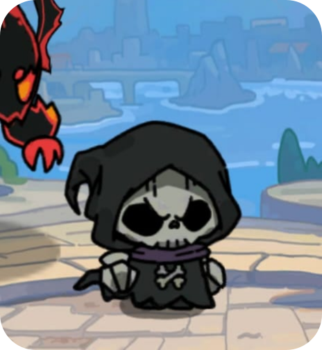 Cartoon character resembling a small skeleton in a black hooded cloak with a purple scarf standing outdoors near water with a city skyline in the background.