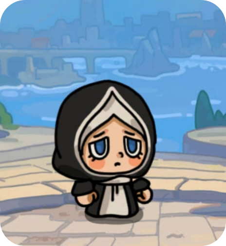 A cartoon character dressed as a nun standing on a stone pathway with a cityscape and water in the background.