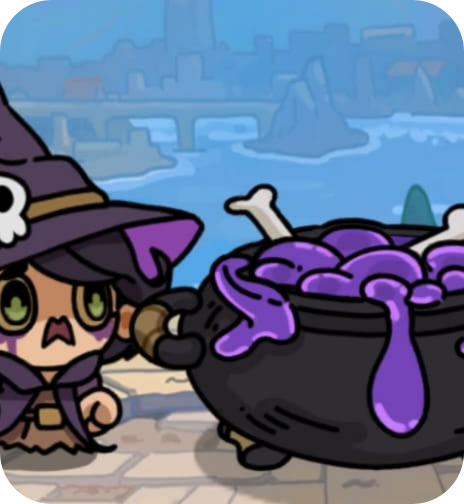 Cartoon character dressed as a witch contemplating a large pot of bubbling purple potion.
