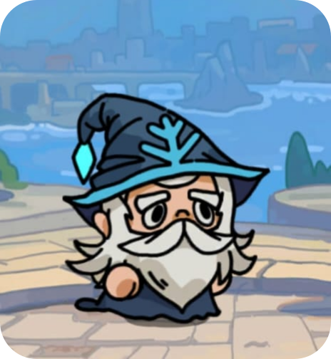 Cartoon wizard with a gray beard and a blue wizard hat, standing outdoors near a body of water with a cityscape in the background.