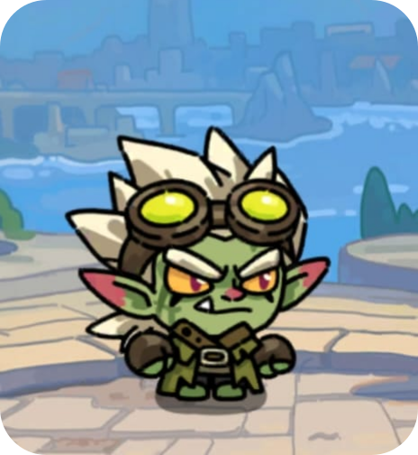 Cartoon character of a green goblin with white spiked hair wearing goggles with yellow lenses, standing outdoors with a cityscape and bridge in the background.
