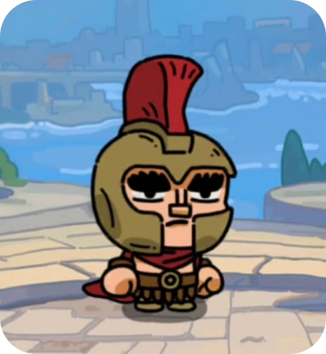 Cartoon character dressed as a Roman soldier with a red crest helmet and armor, standing on a stone platform with a cloudy sky and cityscape in the background.