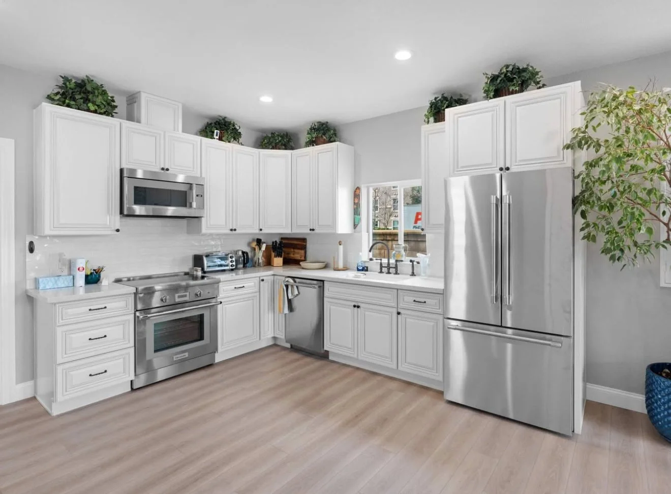 Modern white kitchen with stainless steel appliances, cabinets, a window above the sink, and indoor plants on top of the cabinets.