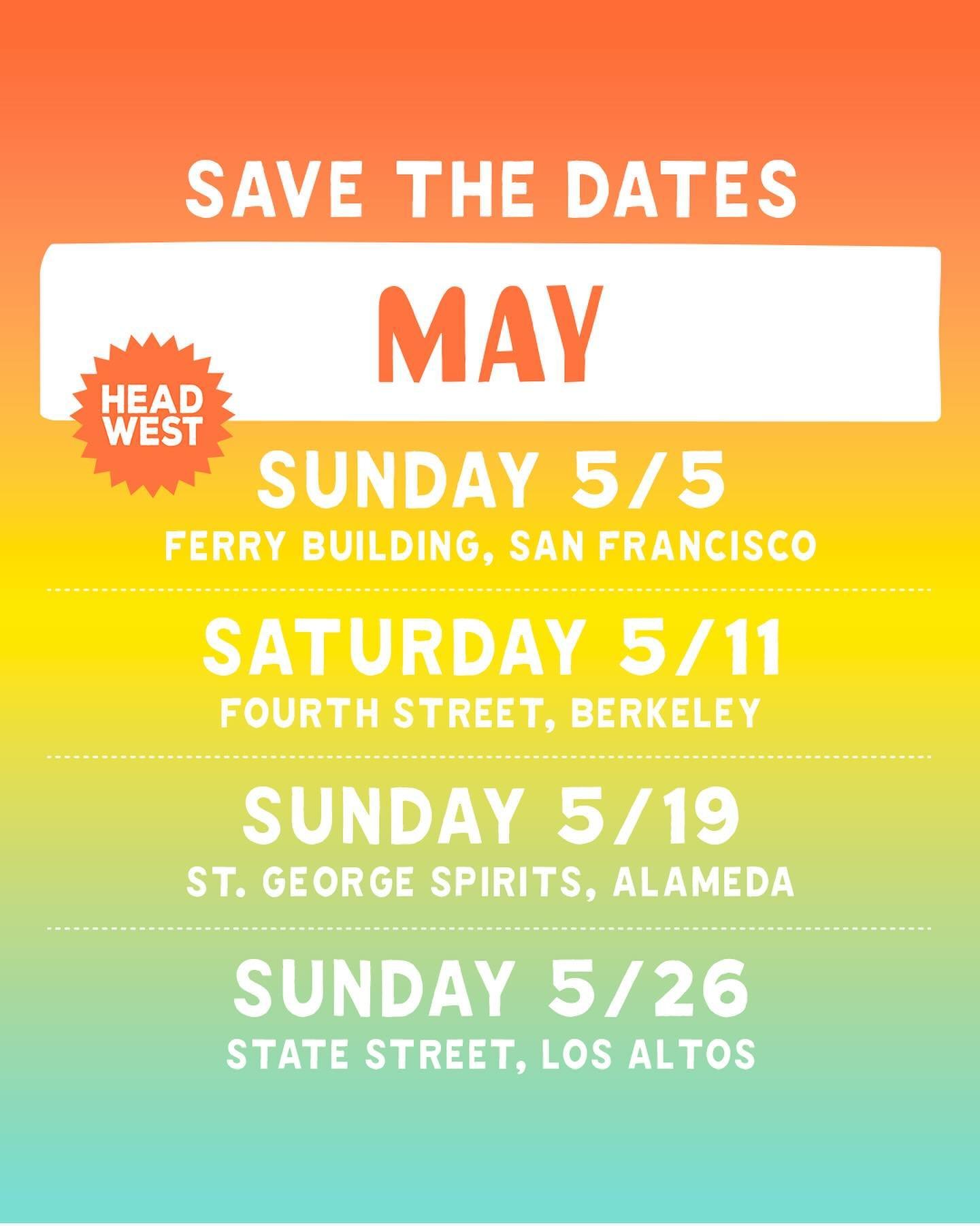 HEAD WEST | MAY 2024 🌞
.
Join us all month long - at 4 Venues + Marketplace dates - for a dose of Marketplace Magic every weekend in May! 🎉☀️✨
.
MARK YOUR CALENDARS 🗓🖊️
🔜 HEAD WEST at the SF Ferry Building 
@ferrybuilding | Sunday, May 5th from 