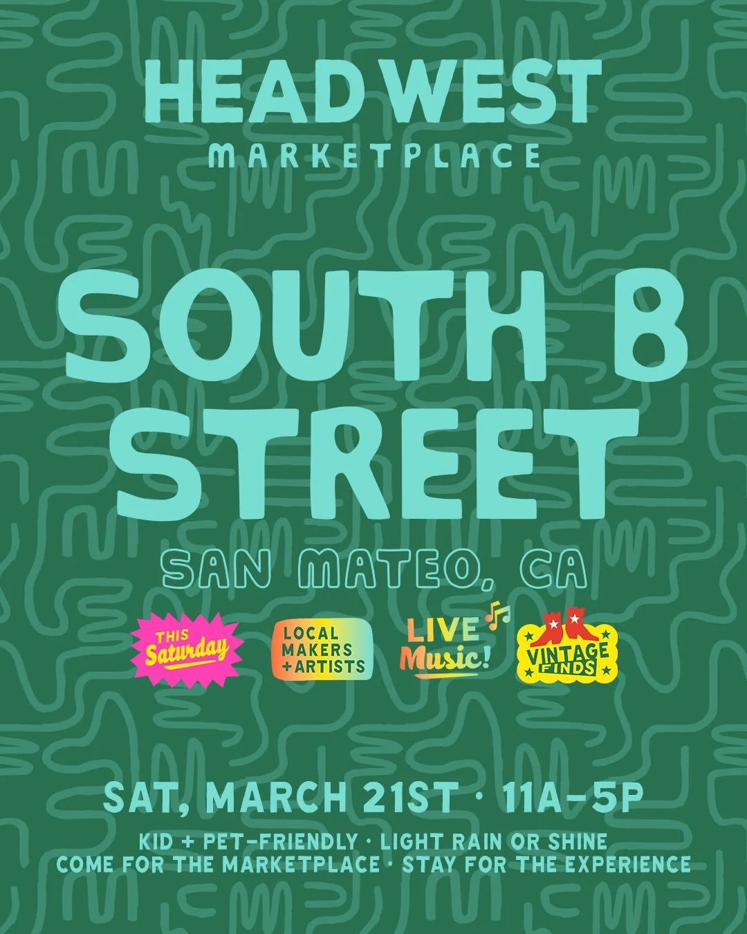 🌞HEAD WEST THIS SATURDAY | SOUTH B STREET IN SAN MATEO 🏫🌲
.
Join us as HEAD WEST returns to @downtownsanmateo for another year of our Monthly Marketplaces &mdash; now on SATURDAYS! Kick off the 2026 season here with us this Saturday, March 21st fr