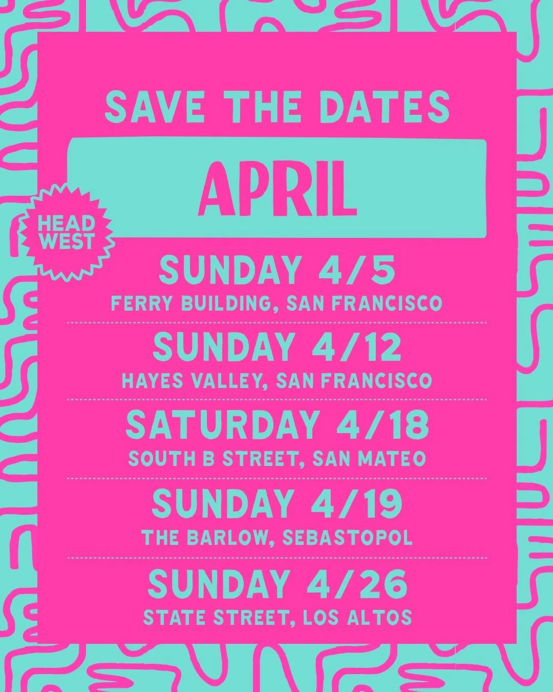 HEAD WEST | APRIL 2026 🌞
.
Spring is officially HERE! ☀️🌻Kick off this new season with us at 5 Venues + Marketplace dates &mdash; including our return to beloved Hayes Valley for the first Mega Marketplace of the year &mdash; this April 🎉
.
MARK Y