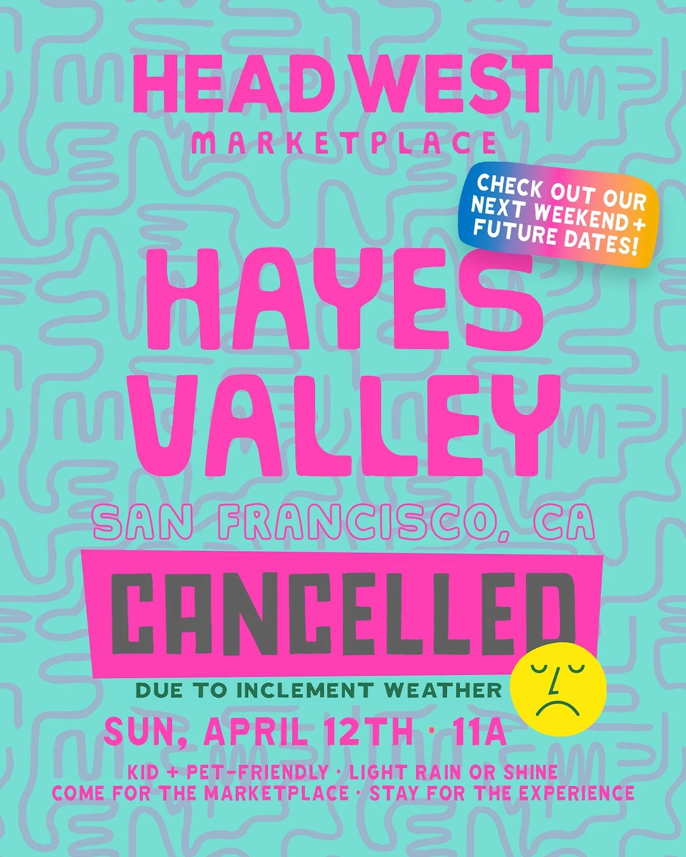 🚨CANCELLED DUE TO WEATHER🚨

Unfortunately, we&rsquo;ve had to cancel this Sunday&rsquo;s Marketplace at @explorehayesvalley in San Francisco due to the rain + weather conditions expected &mdash; but we&rsquo;re already looking ahead to sunny days f