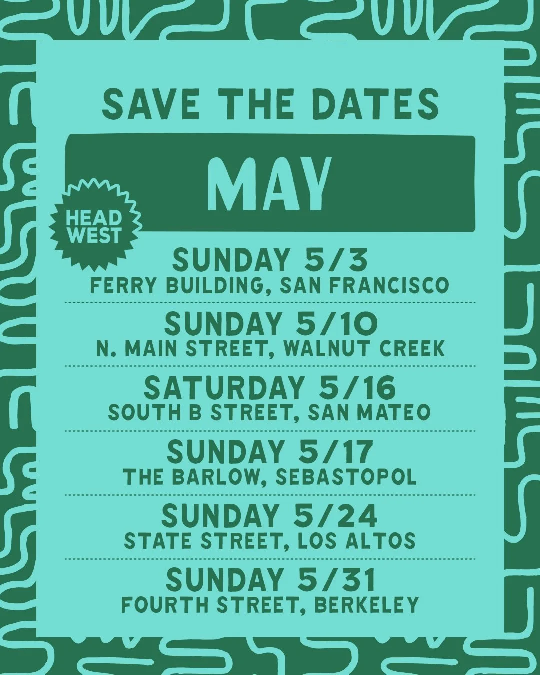 HEAD WEST | MAY 2026 🌞
.
Nothing beats spring flowers + spring Marketplaces! ☀️🌻Kick off this new season with us at 6 venues + dates &mdash; including a special Mother&rsquo;s Day Mega Marketplace in Walnut Creek &mdash; this May 🎉
.
MARK YOUR CAL