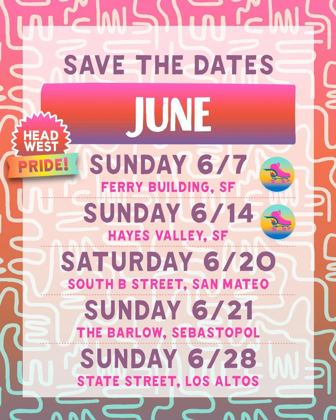 HEAD WEST | June 2026 🌞🌈
.
Summer is officially HERE! Join us around the Bay in June to shop small and celebrate Pride at 5 Venues + Marketplace dates - including our Pride Month Kickoff Marketplace at the SF Ferry Building this Sunday, and our ret