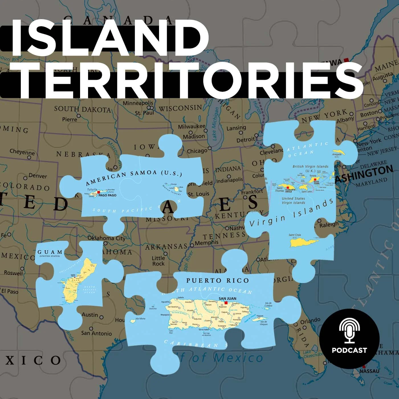 Map titled "Island Territories" with puzzle pieces showing American Samoa, Guam, Puerto Rico, and Virgin Islands placed over the United States map.