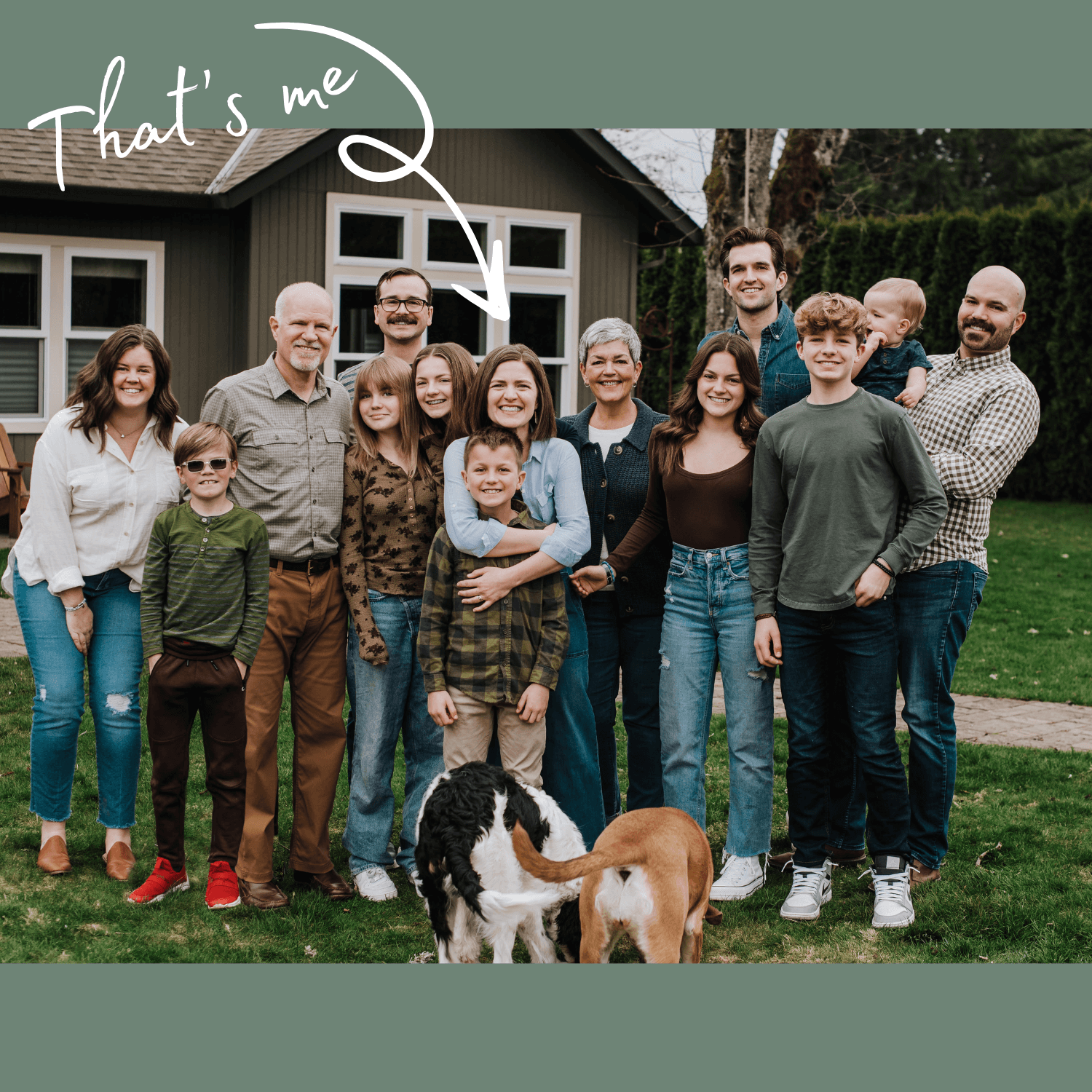 Molly Brumfield, multigenerational living mentor and coach, with her extended family outside their multigenerational home