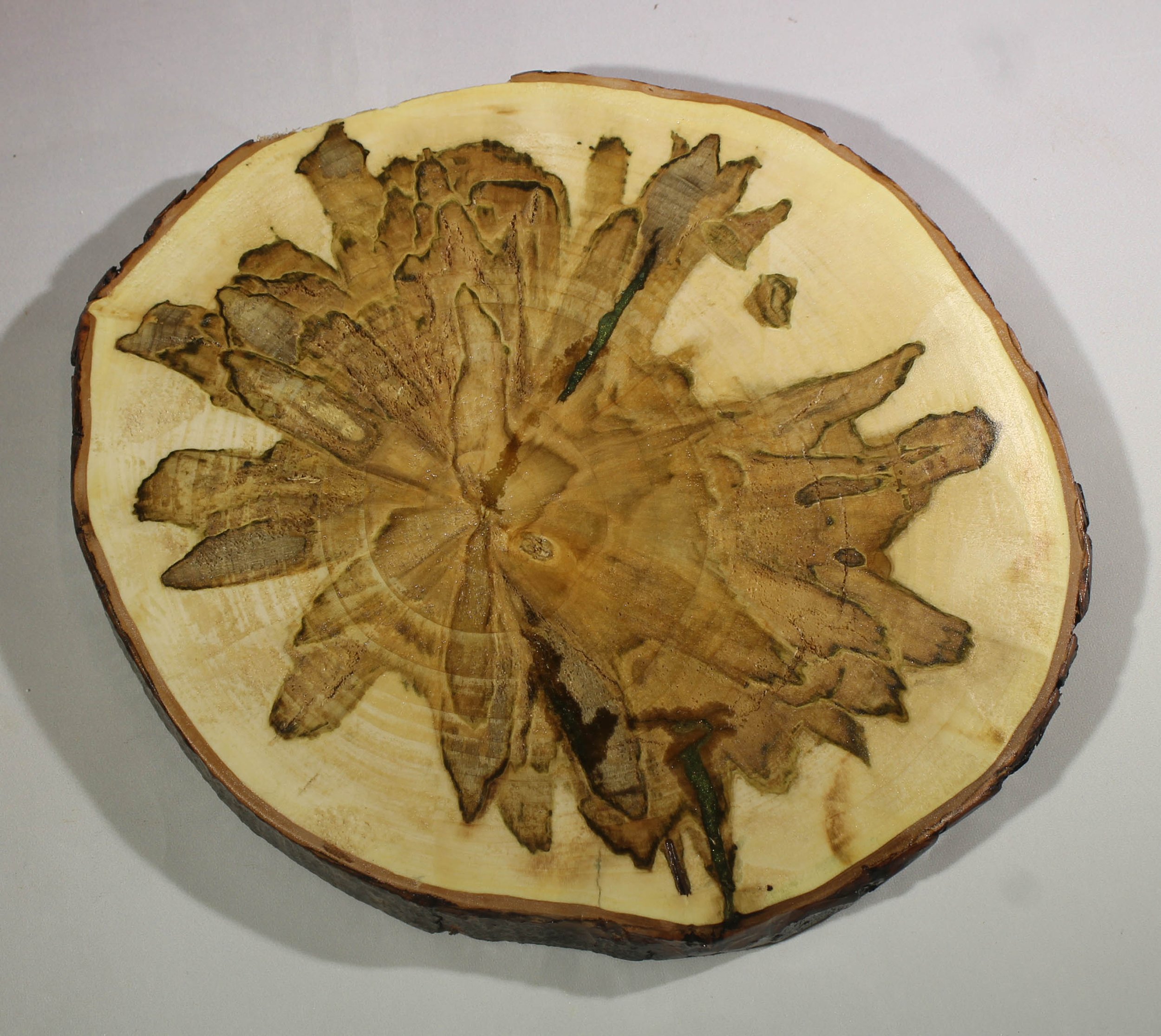 TV1
Spalted Maple Trivet (Wooden Cookie) 
Appx. 8 ½” round, ¾” thick
Do not put extremely hot pots or pans on this surface.  It is meant for warm items only.
$35


