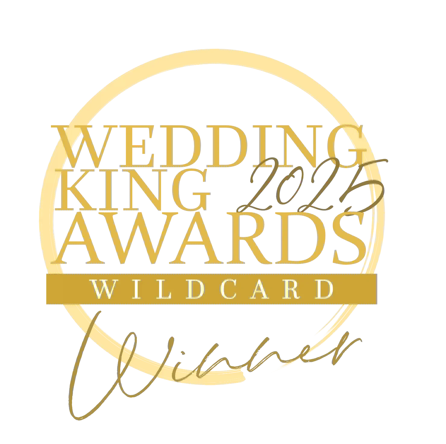 Logo für die Wedding King Awards 2021 mit dem Titel WILDCARD, goldene und schwarze Farben, kreisförmiges Design, gestempelt und unterschrieben.