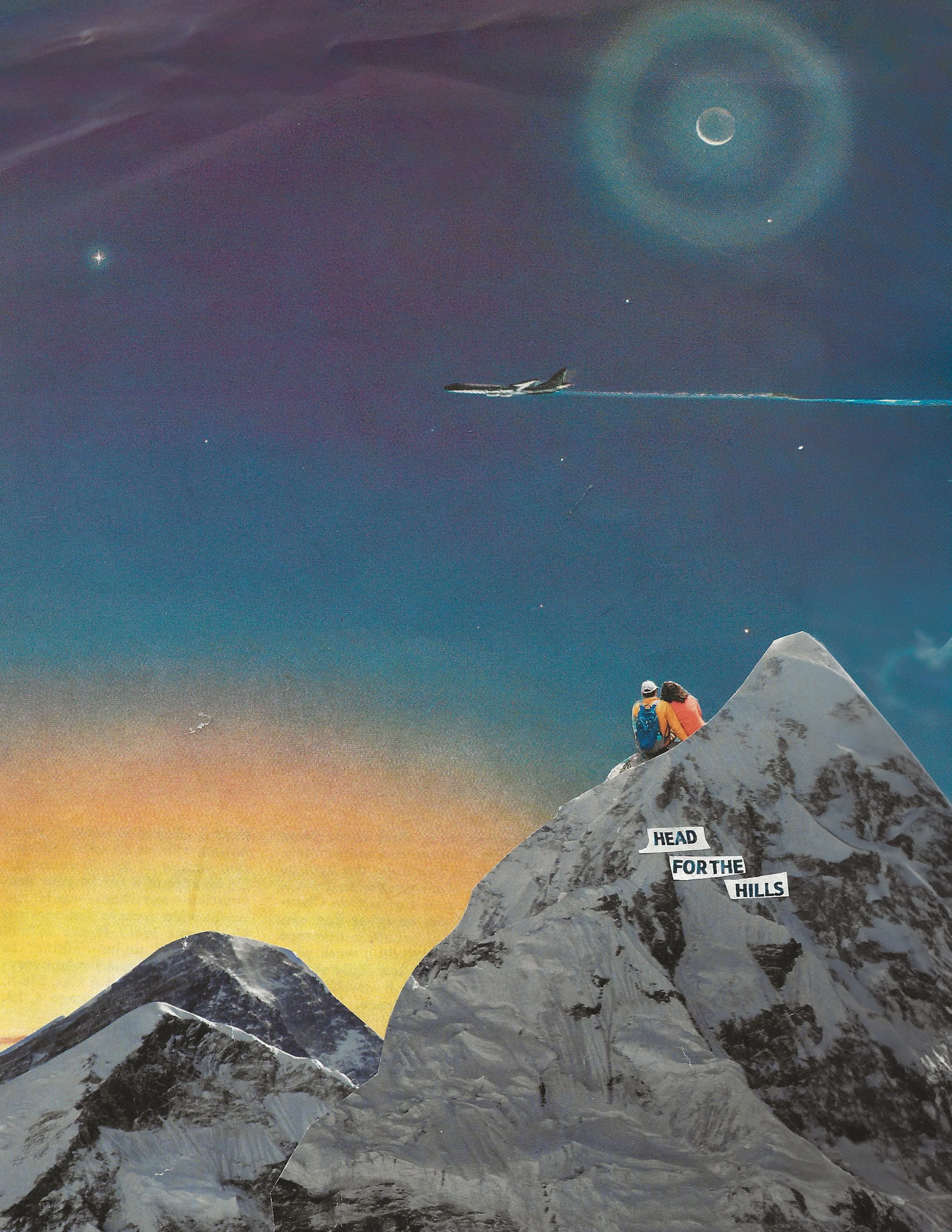 Abstract collage of couple watching a colourful sunrise from the top of a mountain. A plane flies by in the background and the text on the rocks says "head for the hills" 