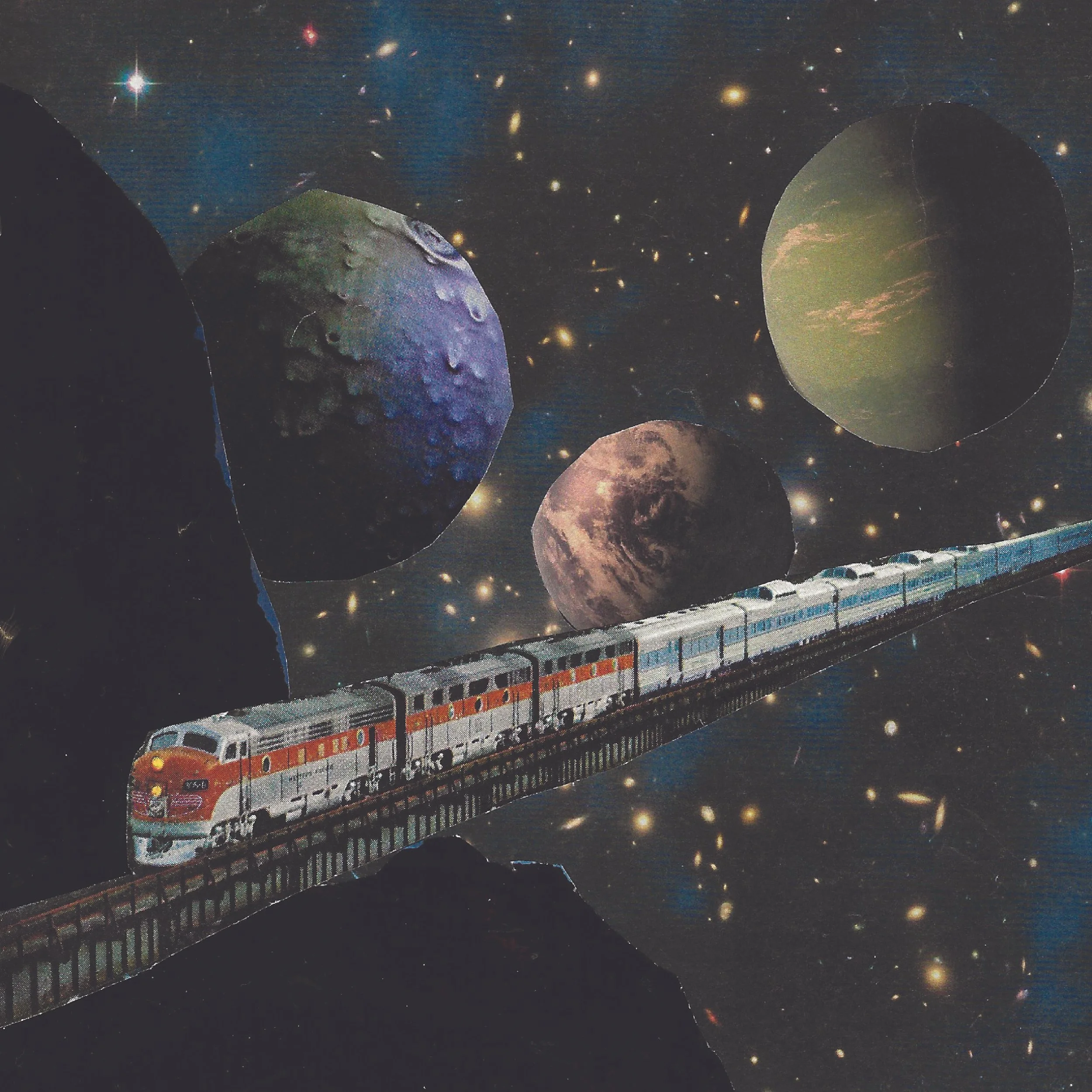 Abstract collage of torn images and vintage photos of a train traveling through space. In the background are stars and large planets. 