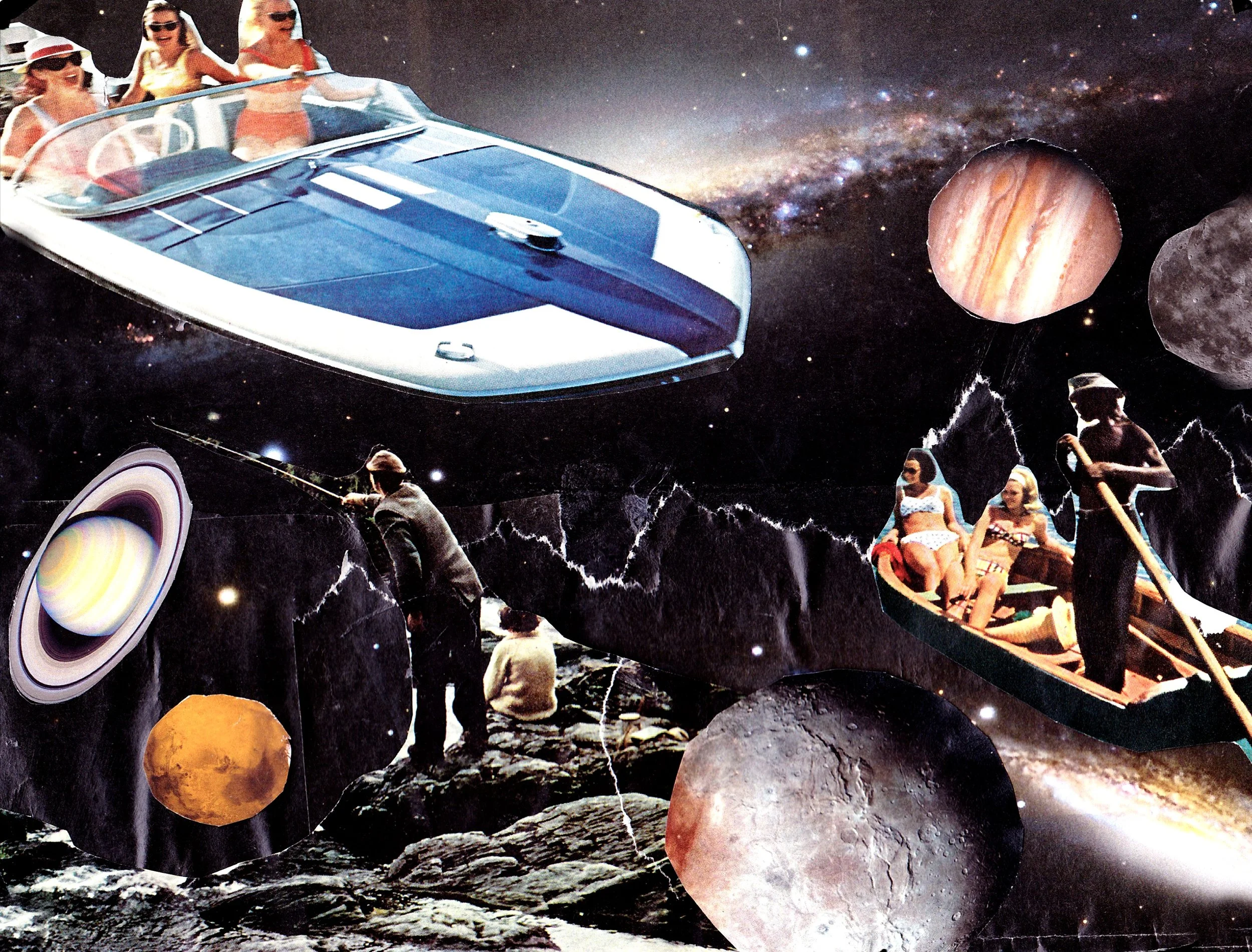 Abstract collage of torn vintage image fragments of space, planets and a vintage boat floating through the stars. People are seen fishing and sunbathing on the moon. 