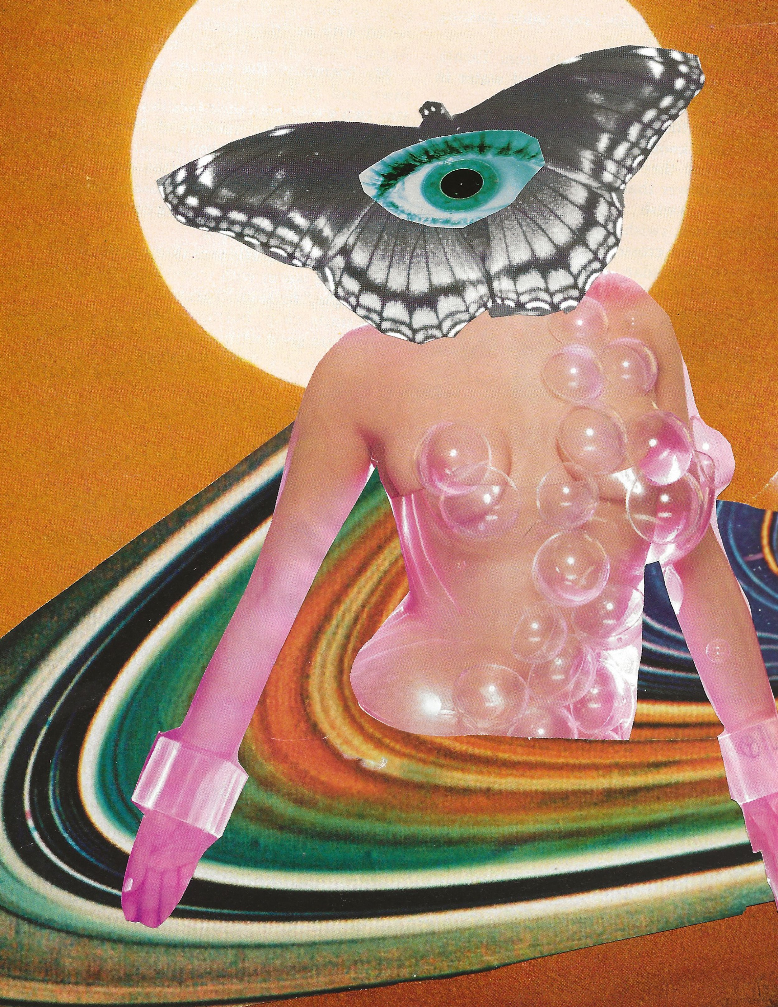 Abstract collage of female figure covered in pink bubbles standing in Saturn's rings. Her face is a moth with one large blue eye. The background is an orange sky and light yellow moon.