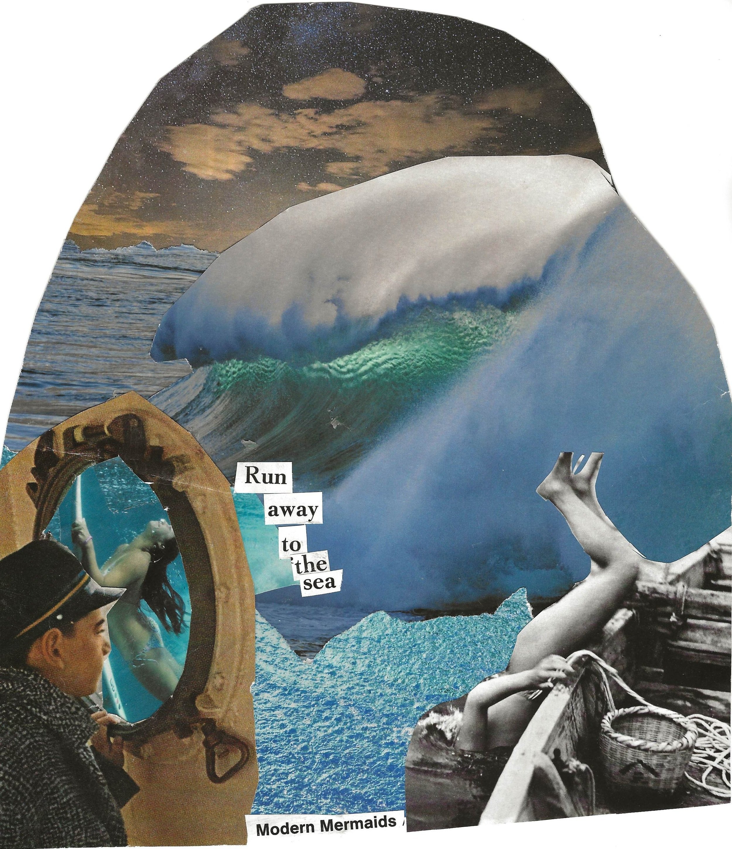 An abstract collage art piece made of vintage images of a young man looking out a boat window and seeing a woman on a surfboard and another woman's legs dangling off a boat. The words "modern mermaids" and "run away to the sea" are near an ocean wave