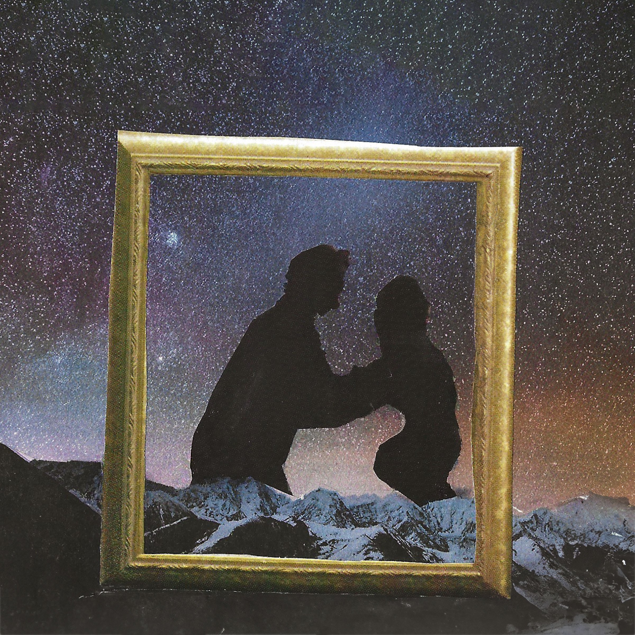 Abstract collage of silhouette of parent and child inside a gold picture frame with a galaxy background and snowy mountains in the foreground. 