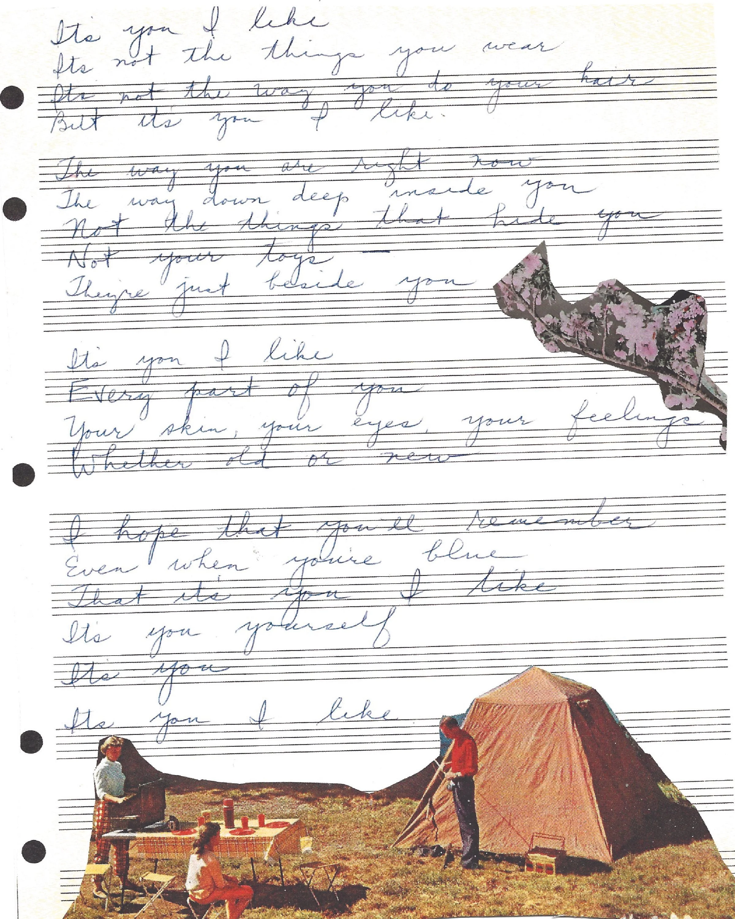 Abstract collage of torn images. The background is a love letter on a lined music sheet. At the bottom is a scene of a couple enjoying a picnic at their campsite. 