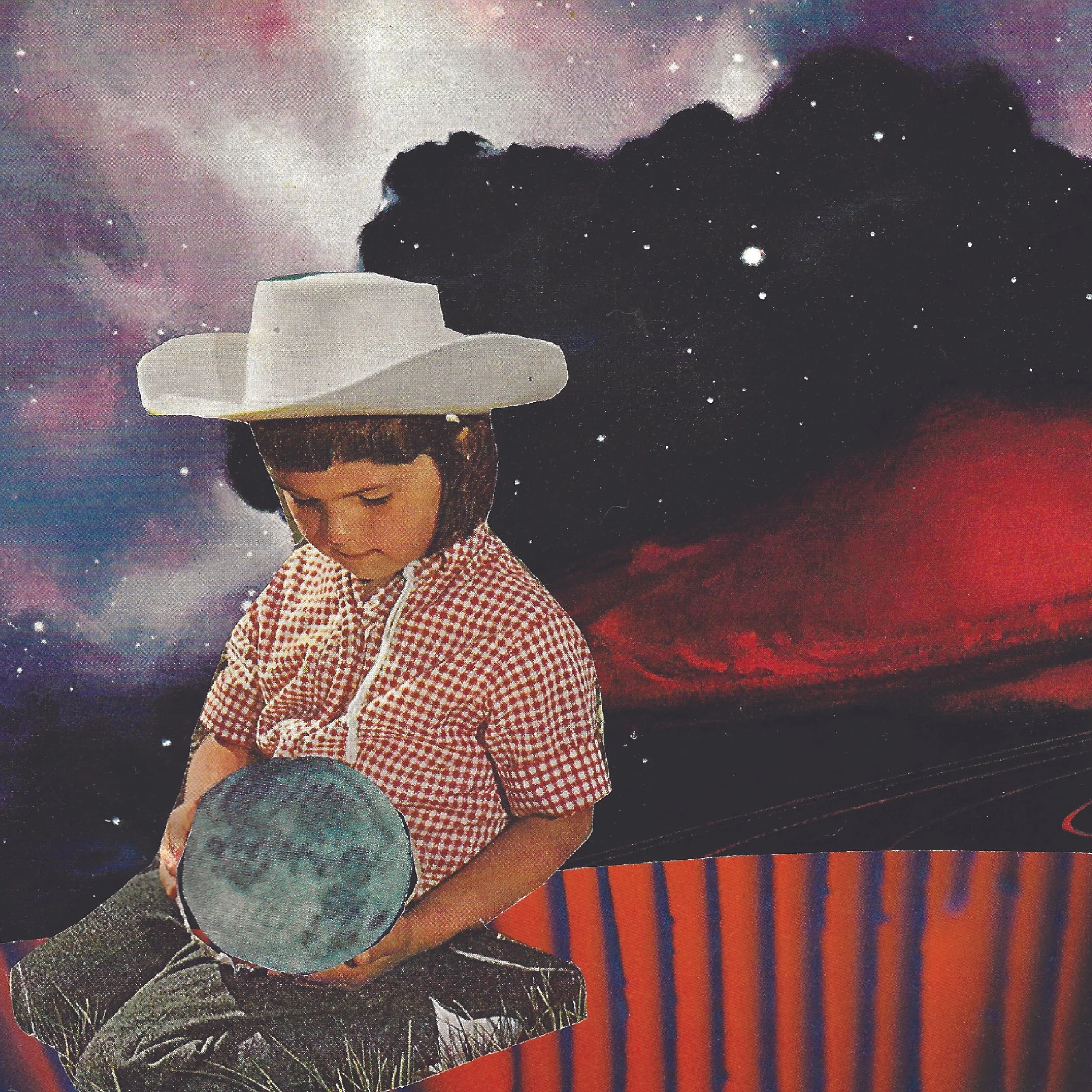 Abstract collage made of torn vintage images. A young boy with red plaid shirt and white cowboy hat holds the moon in his hands while kneeling in space. Background is a galaxy and stars. 