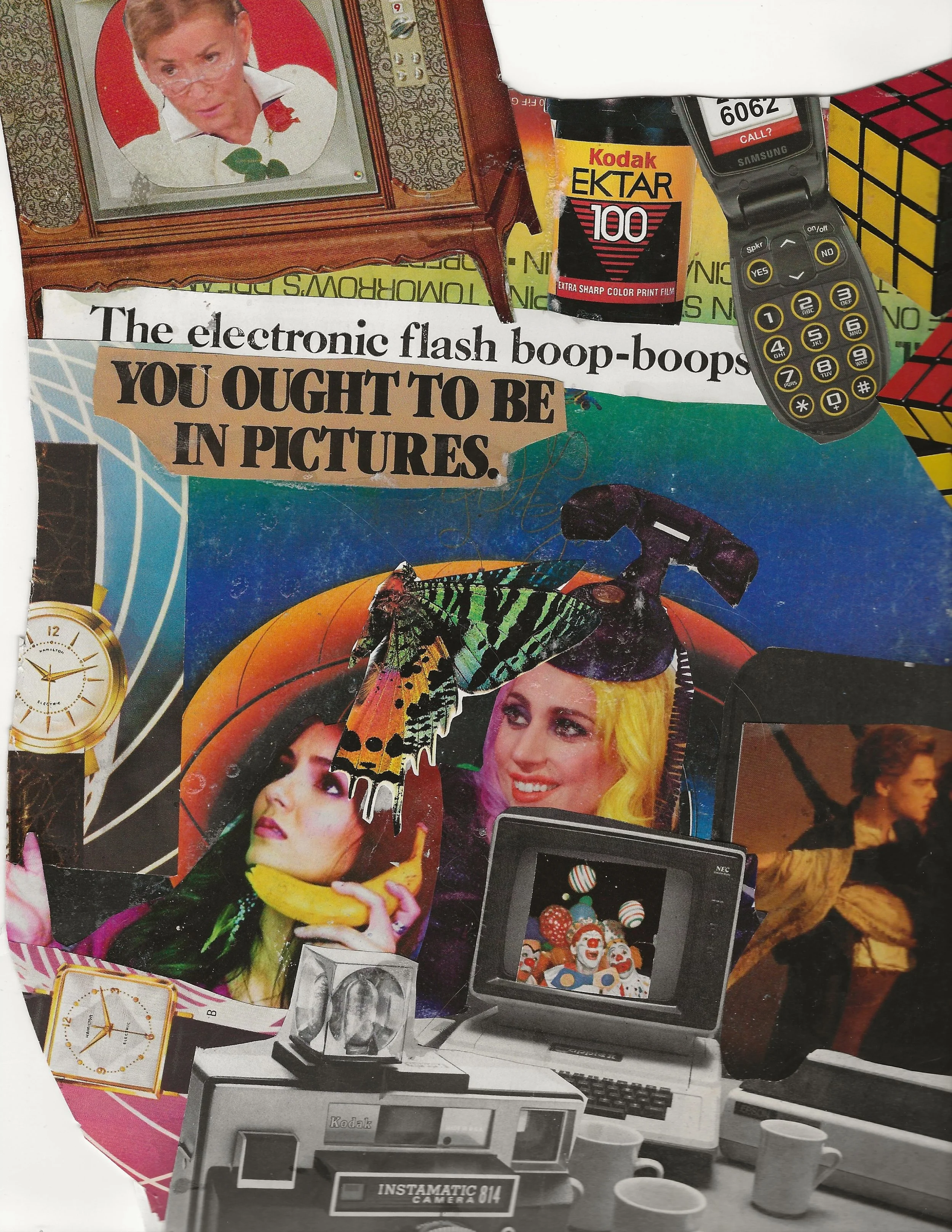 Abstract colourful collage composed of torn images from magazines. Featuring a vintage TV with Judge Judy, Lady Gaga with a phone hat, Victoria Justice holding a banana phone and black and white vintage electronics. 