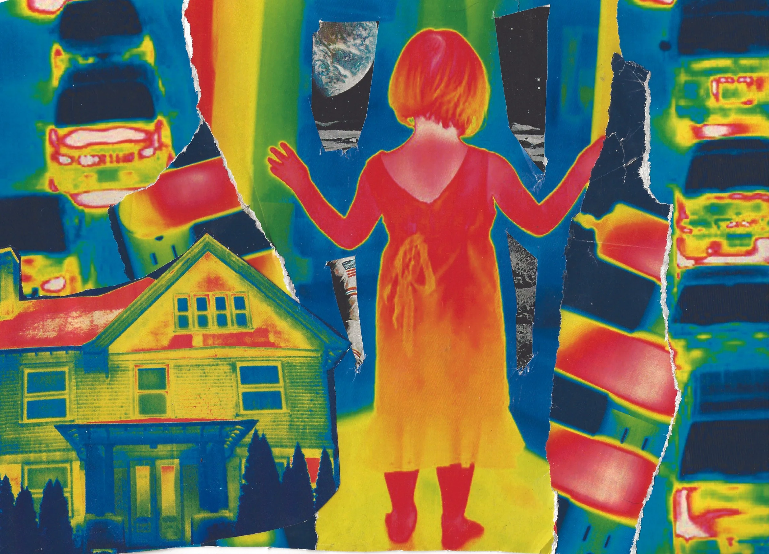 Abstract collage made of torn images. A girl looks outside her window to see the moon and Earth in the distance. Inside her home it colours of a heat map with red, blue, green and yellow.