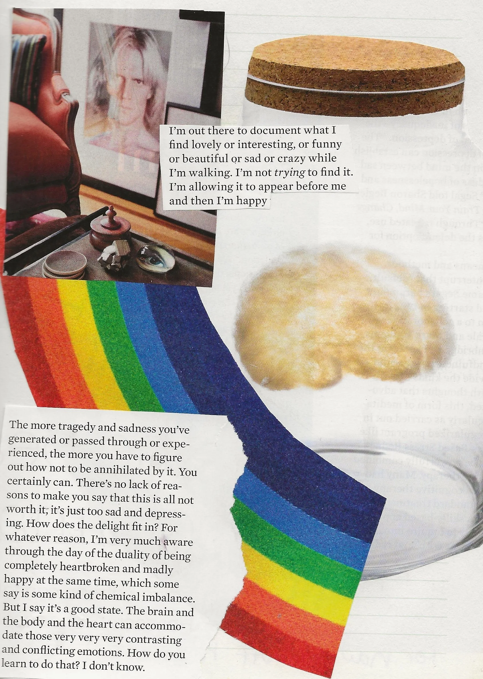 Abstract collage of torn images including a jar with a brain inside and a rainbow. There is an excerpt from an article about the emotions sadness and happiness. 